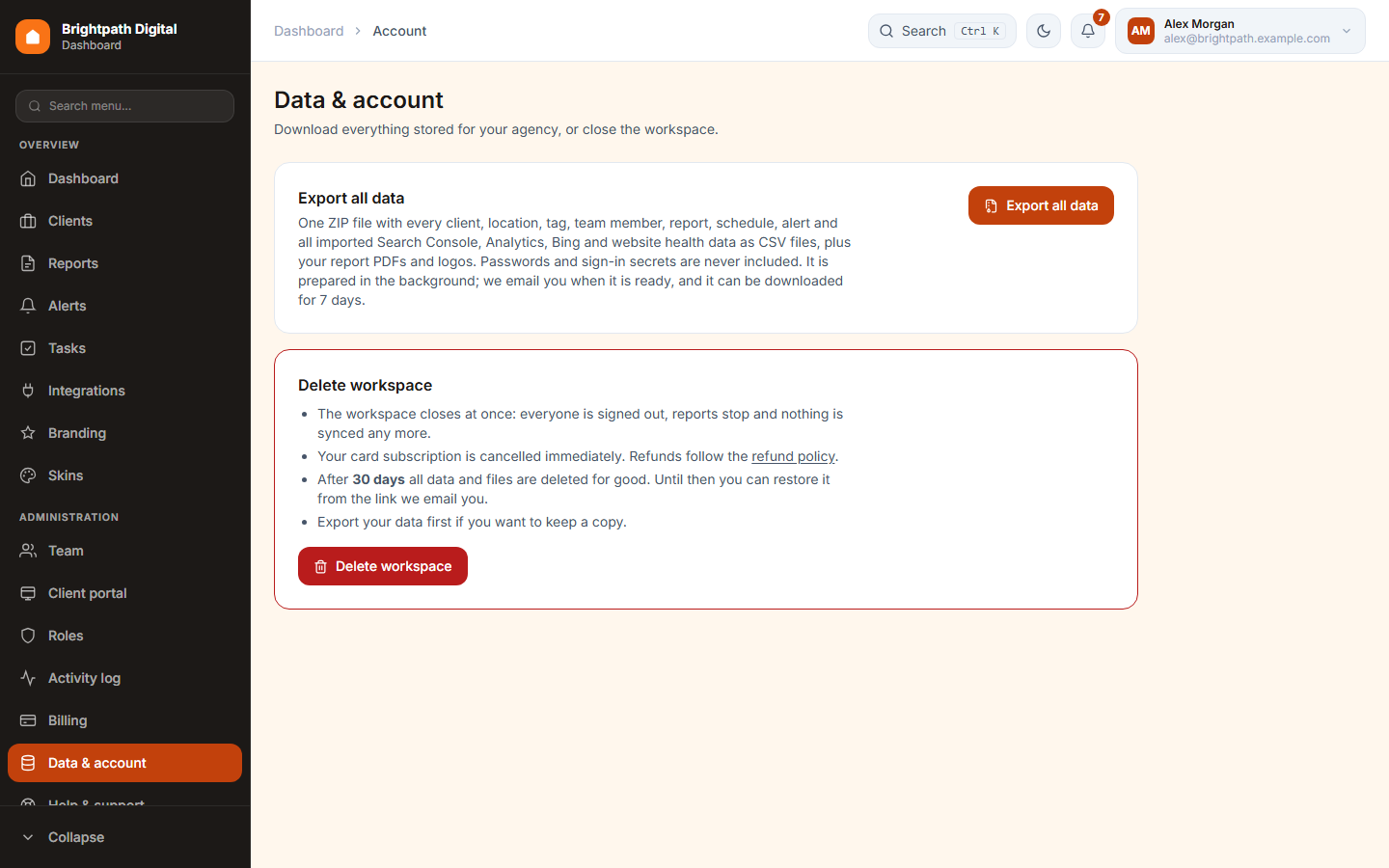 The Data and account page