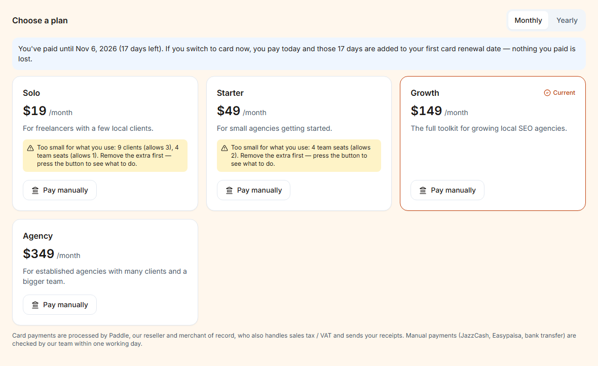 The plans with monthly and yearly prices