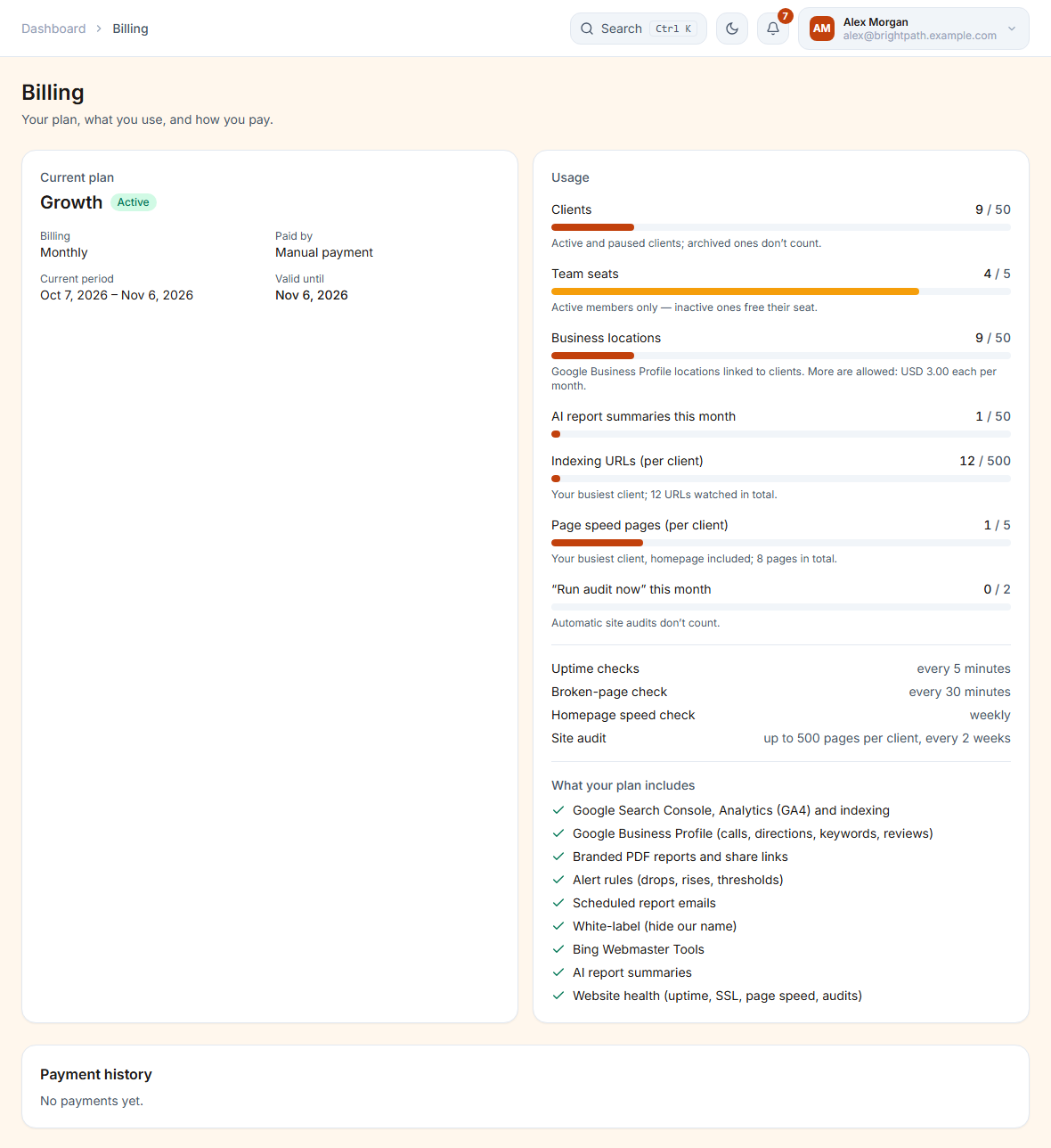 The Billing page with the current plan and usage meters