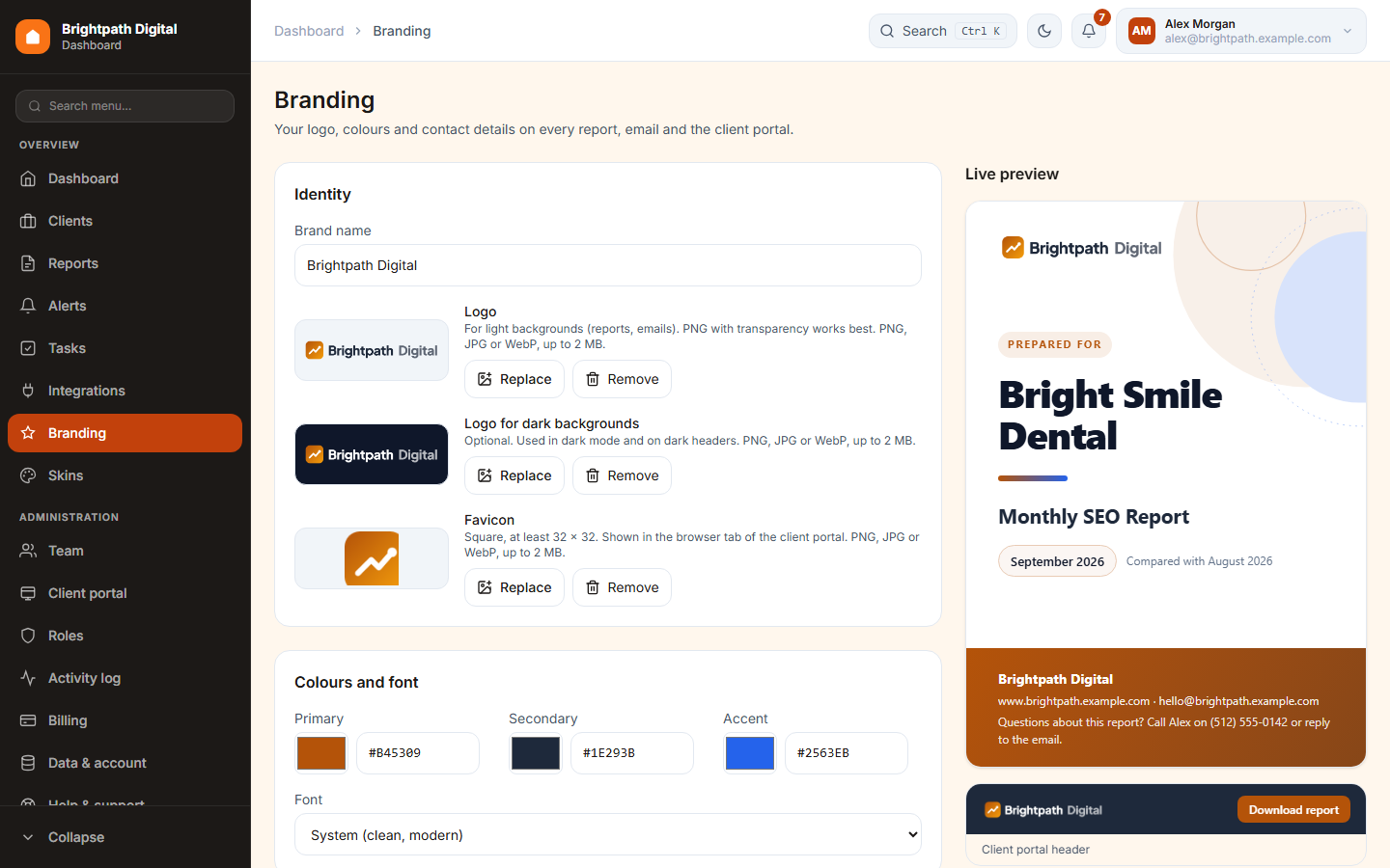 The Branding page with the live preview