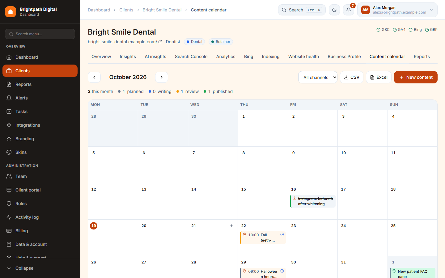 A client's content calendar for one month