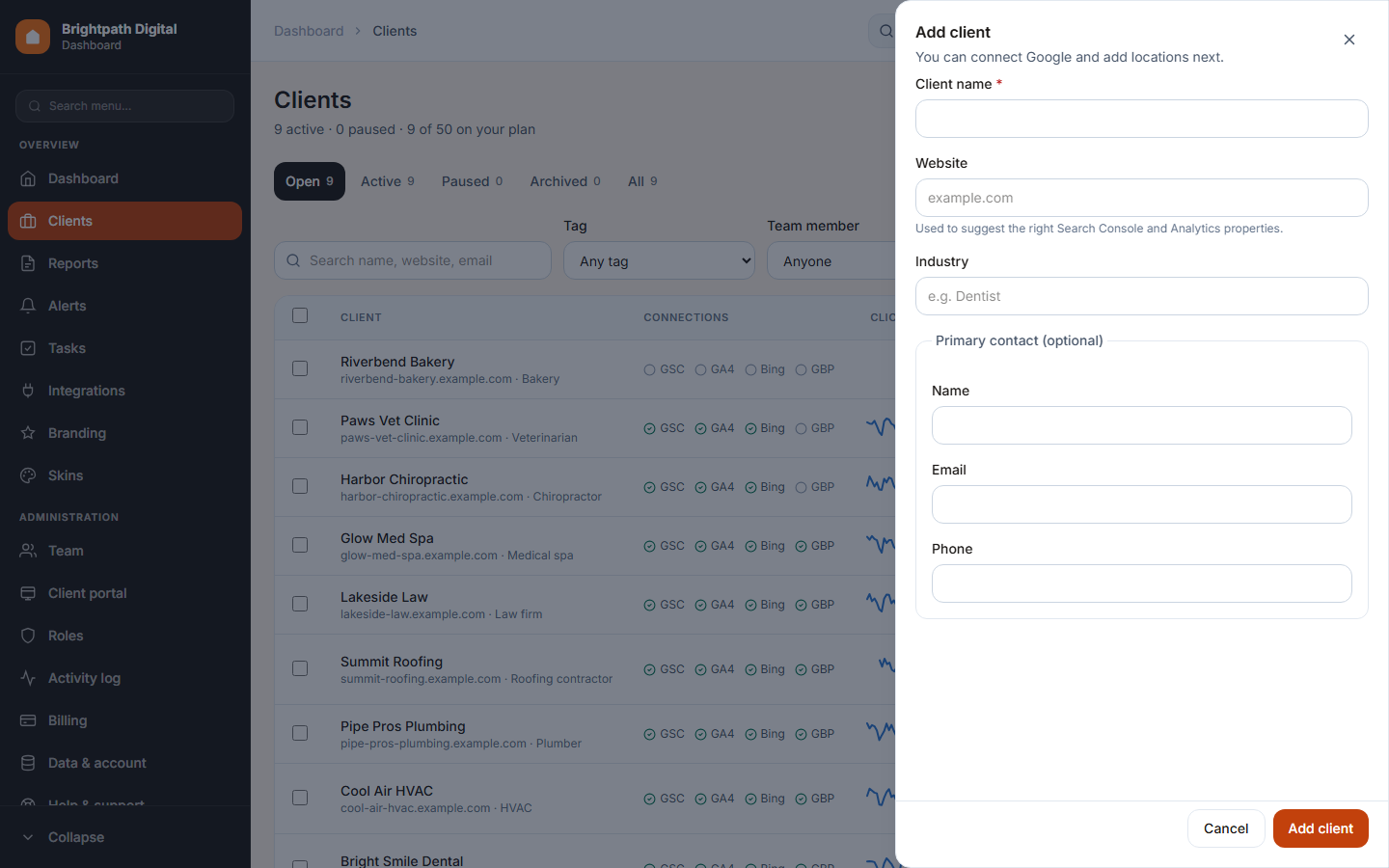 The Add client panel