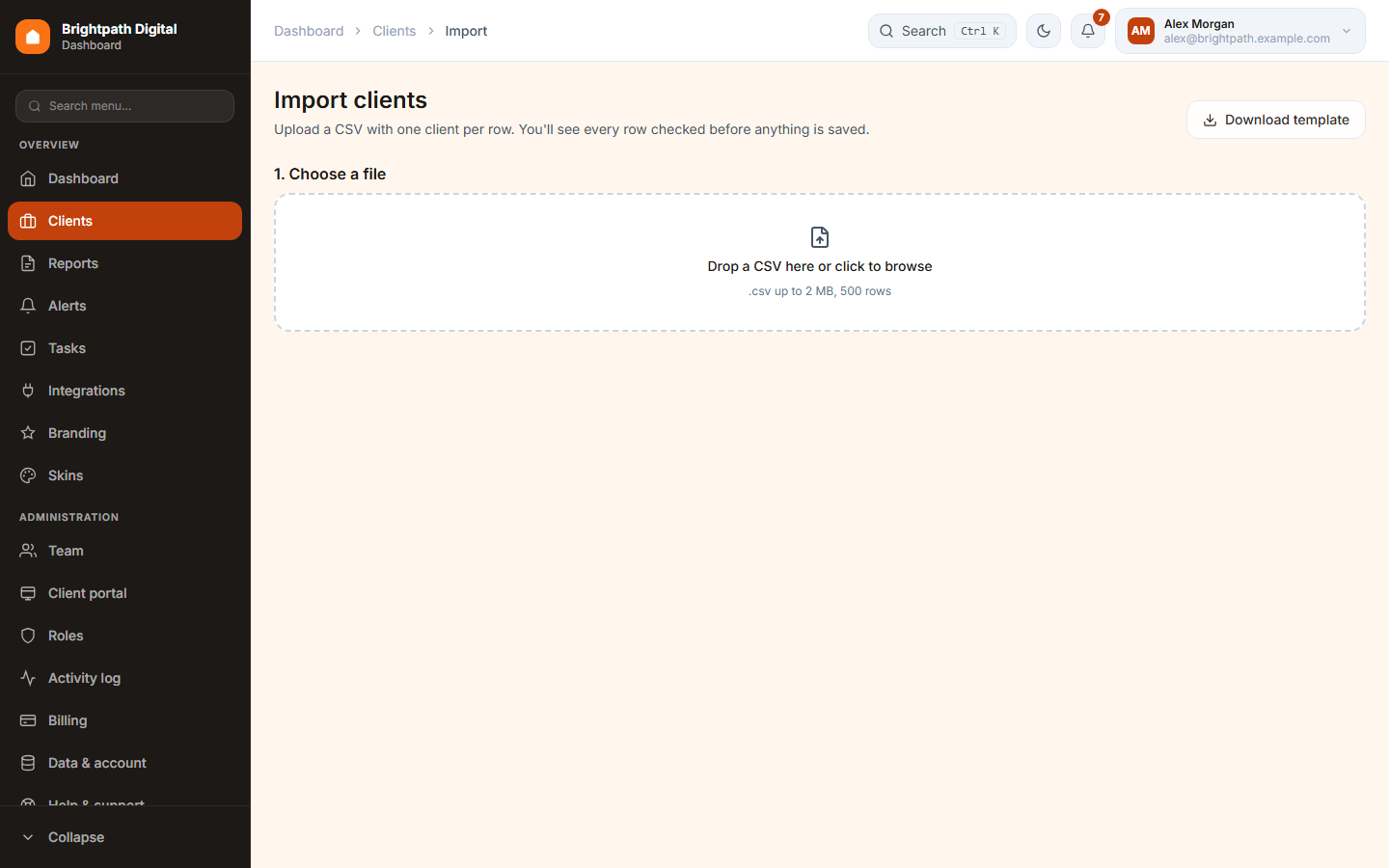 The Import clients page