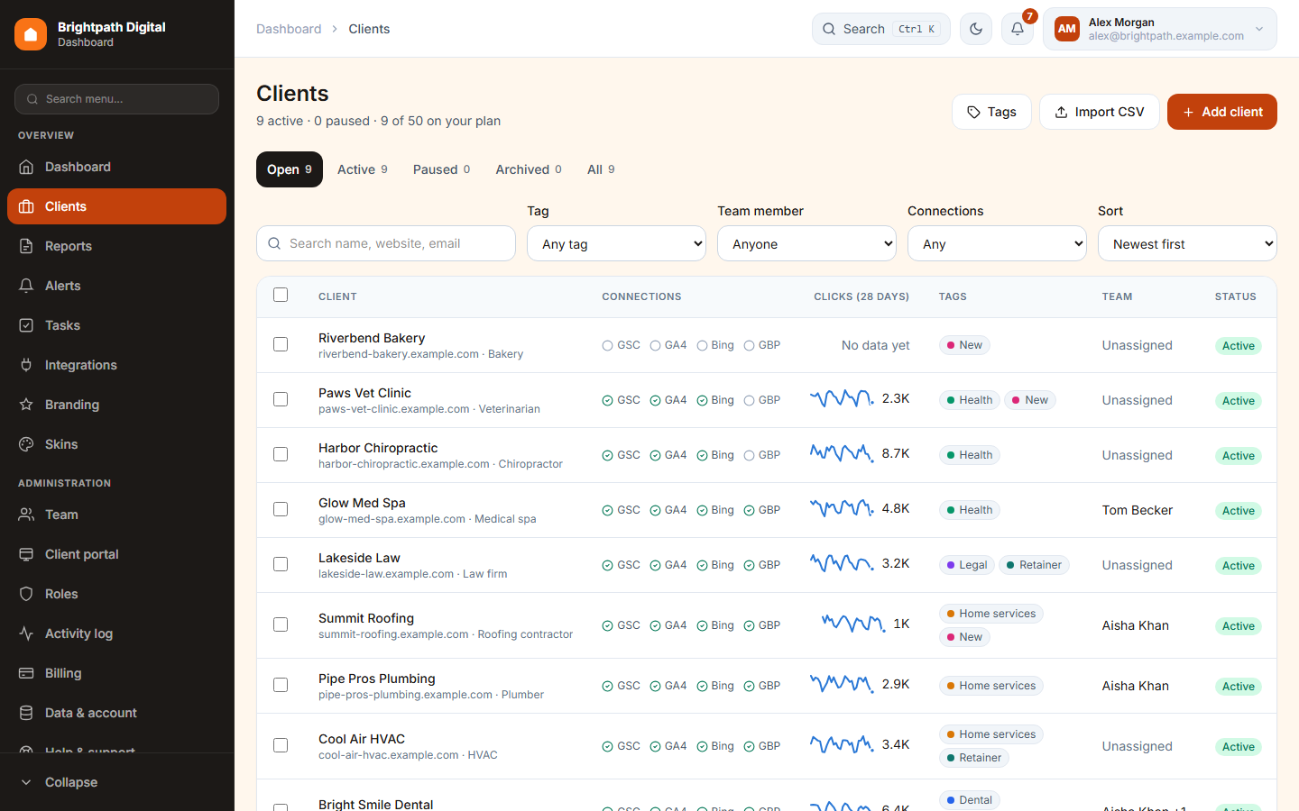 The Clients page with filters and the client table