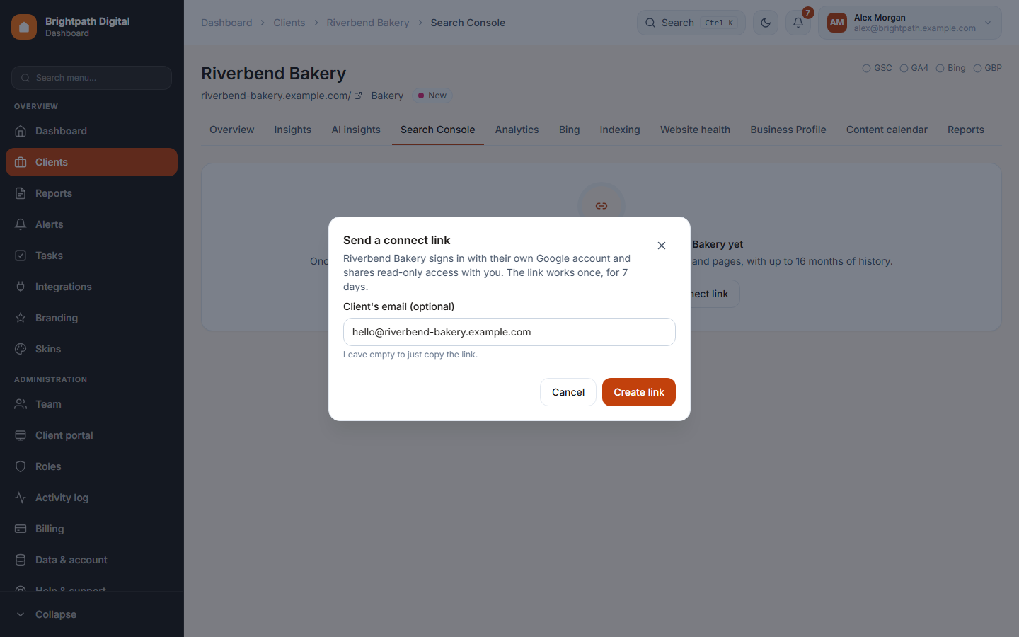 The dialog that creates a client connect link