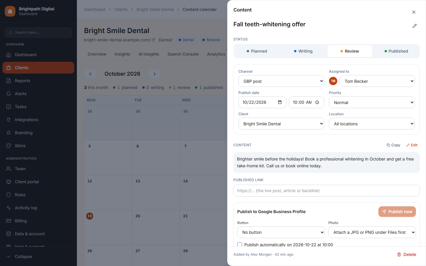 A content item with client approval and Business Profile publishing