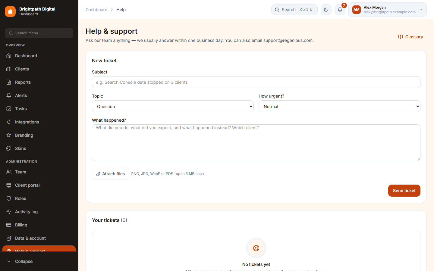 The Help and support page