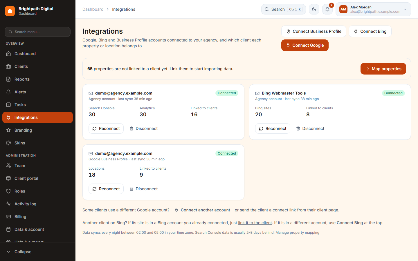 The Integrations page with Google, Bing and Business Profile connected