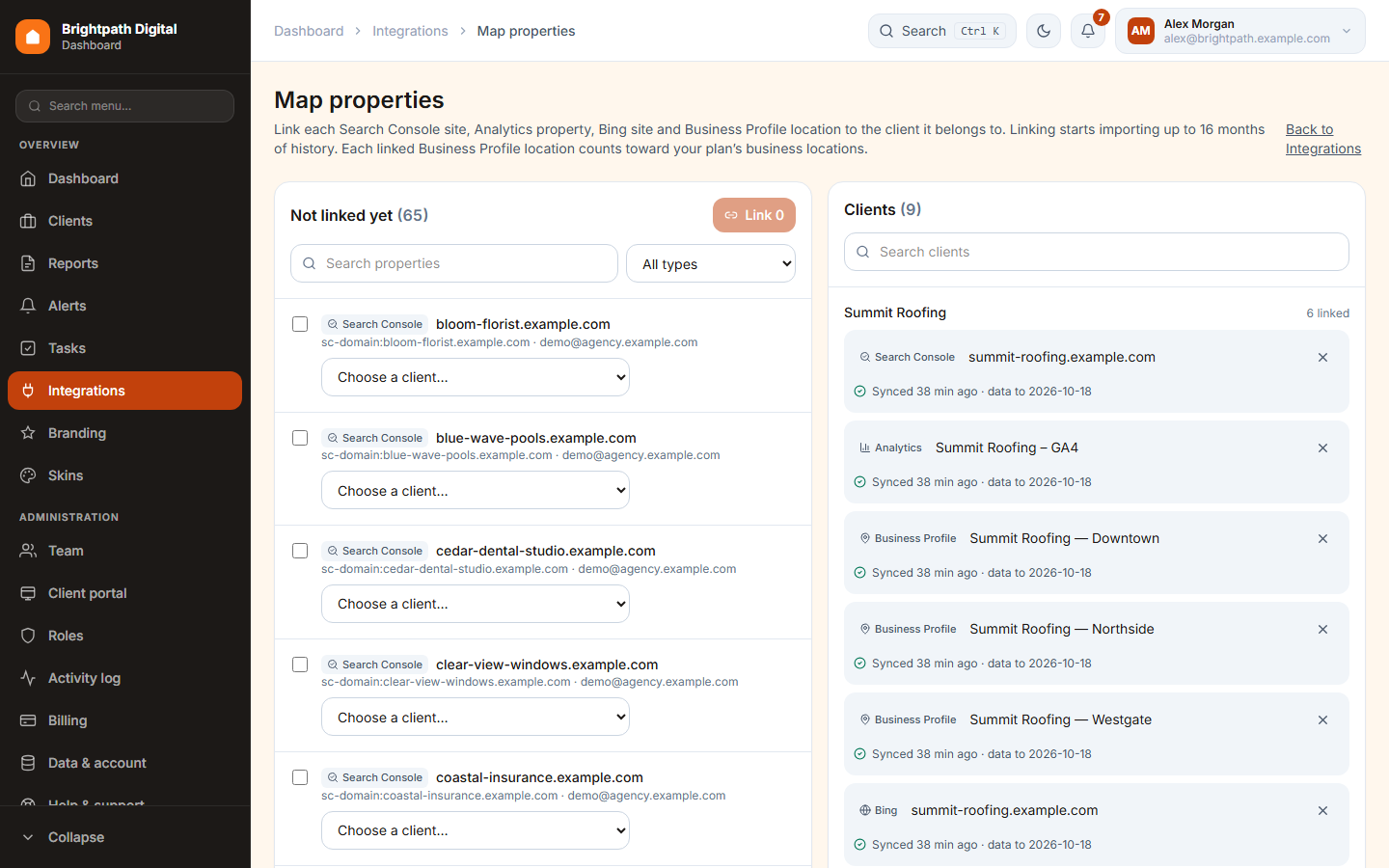 The Map properties page with suggested clients