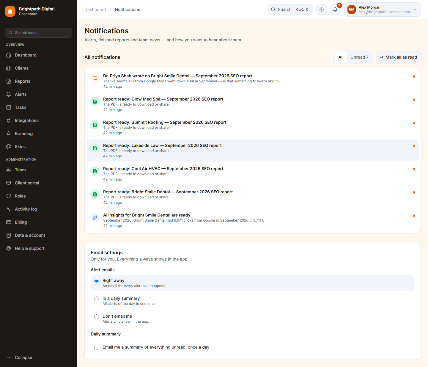 The Notifications page