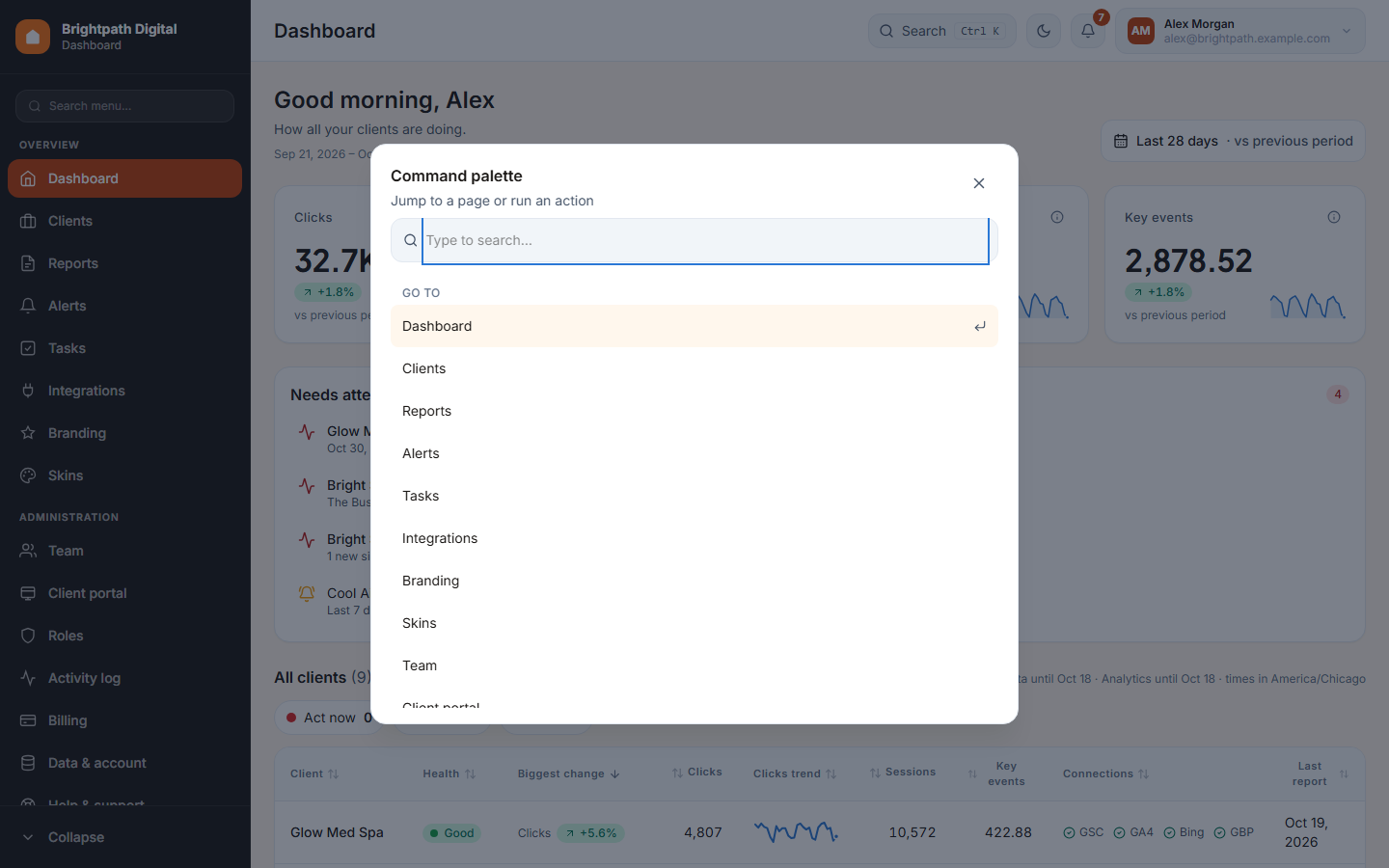 The command palette open over the dashboard