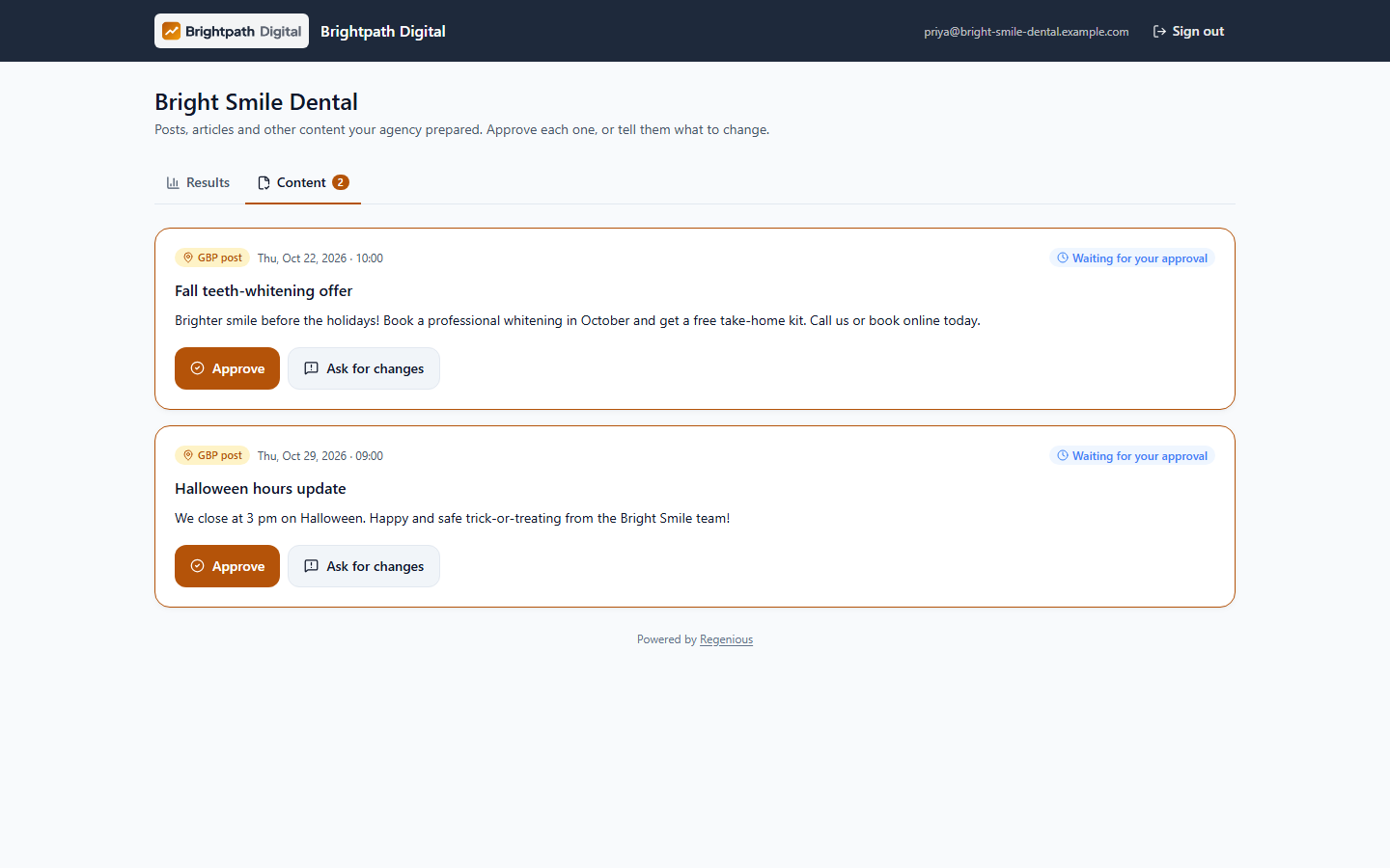 Content waiting for the client's approval in the portal