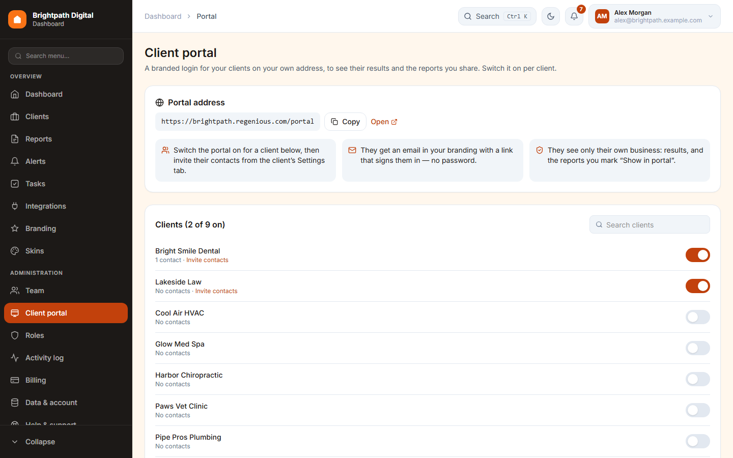 The Client portal page with per-client switches
