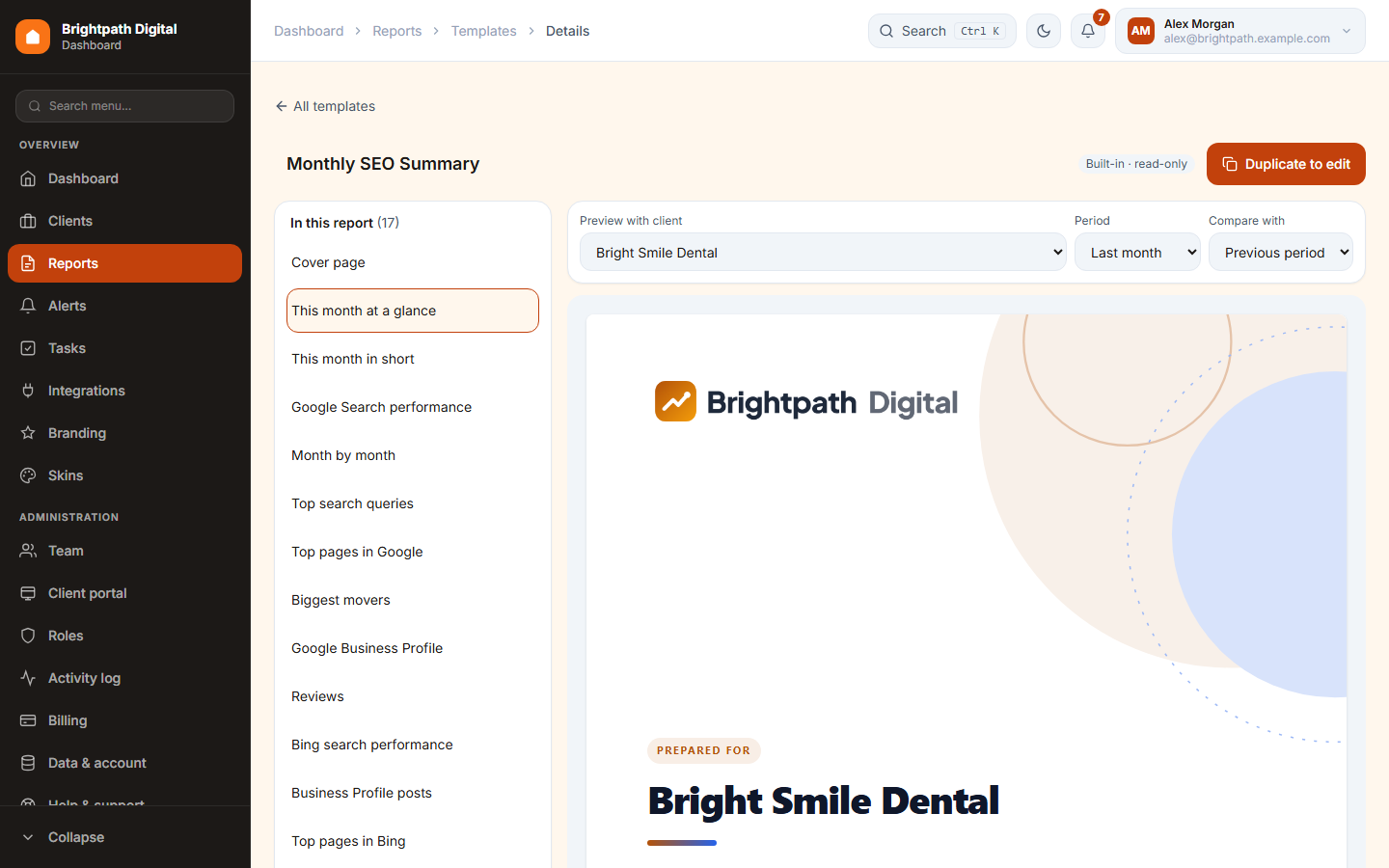 The report builder with sections and a live preview