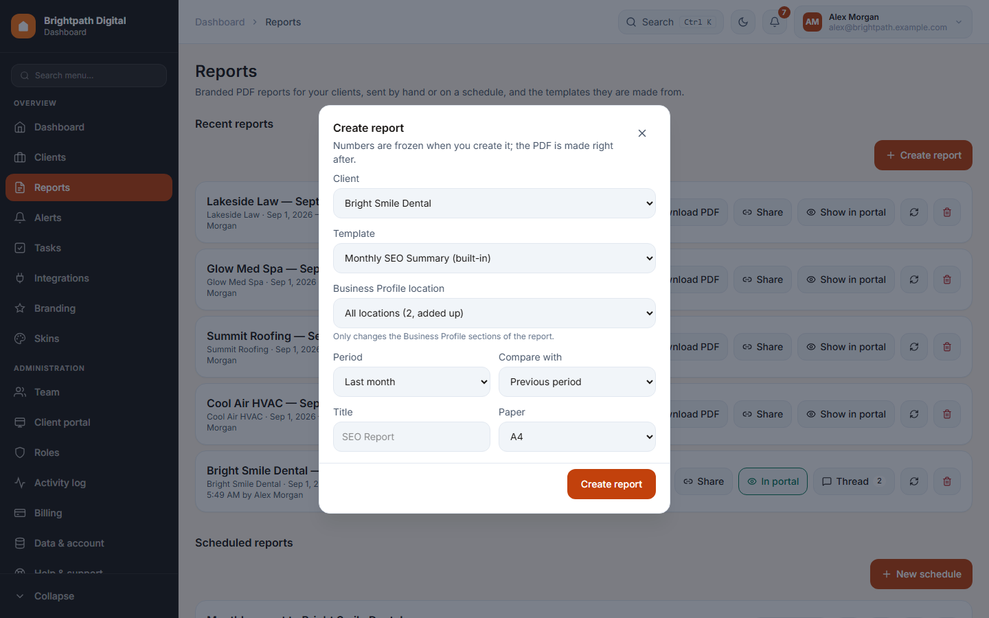 The Create report dialog