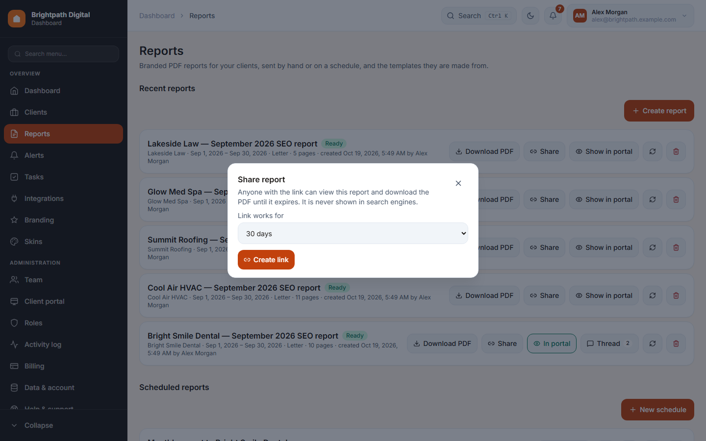 The Share report dialog