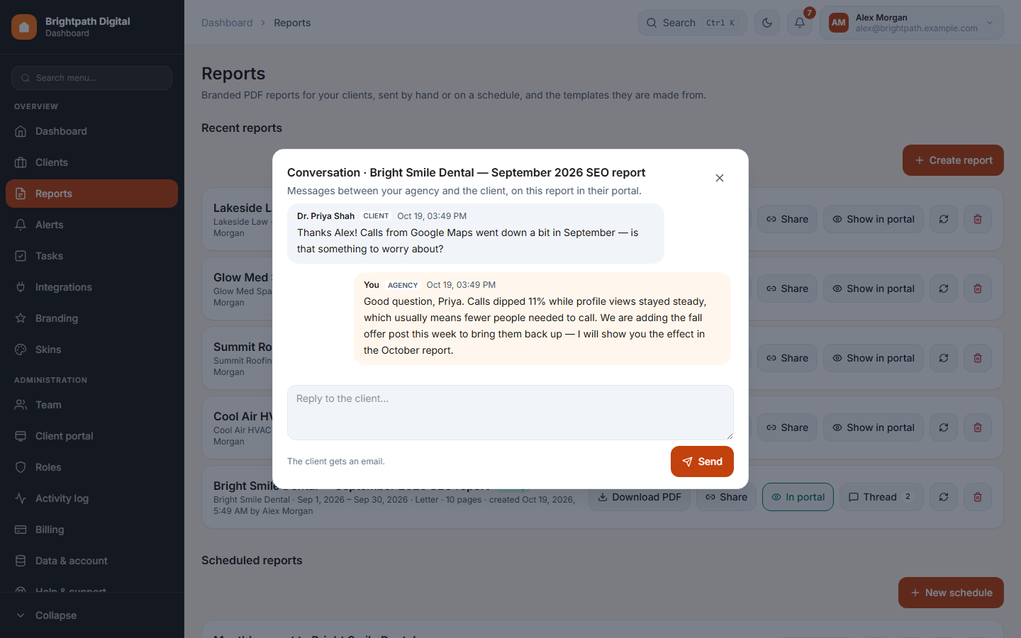 A report thread with a client question and the agency's answer