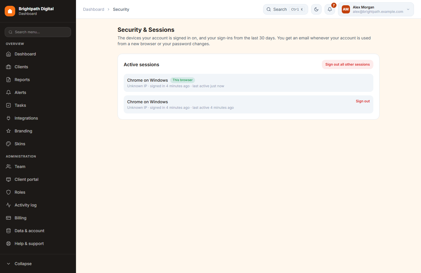 The Security and sessions page