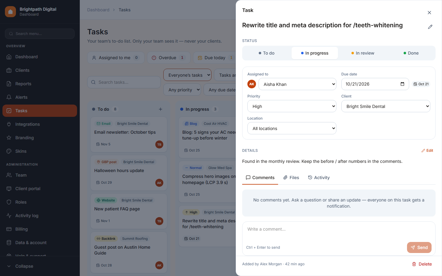 An open task with details, comments and files